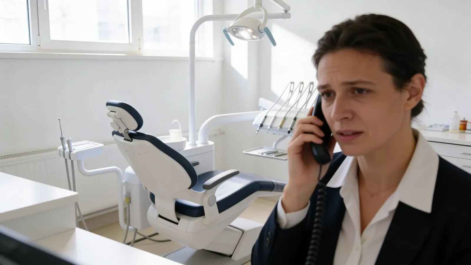 Recepcionista al teléfono confirmando citas con el sillón dental vacío al fondo