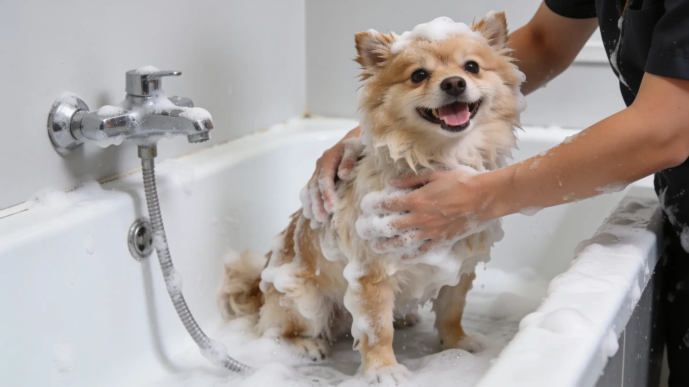 Perro pequeño feliz con espuma en la tina de una estética canina