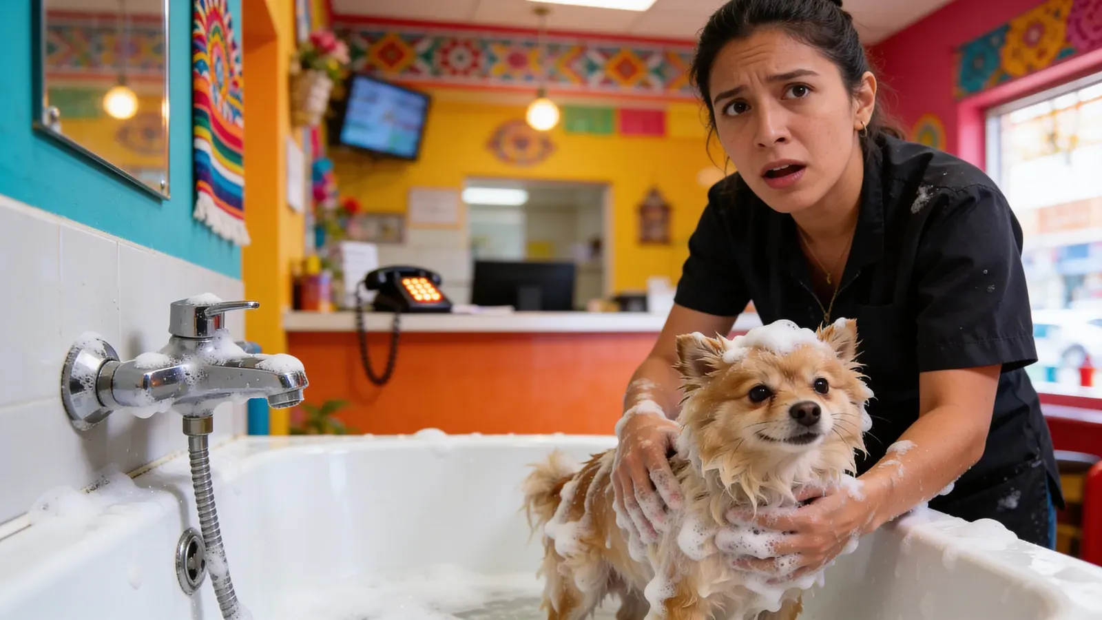 Groomer con las manos ocupadas bañando a un perrito mientras el teléfono suena lejos en la recepción