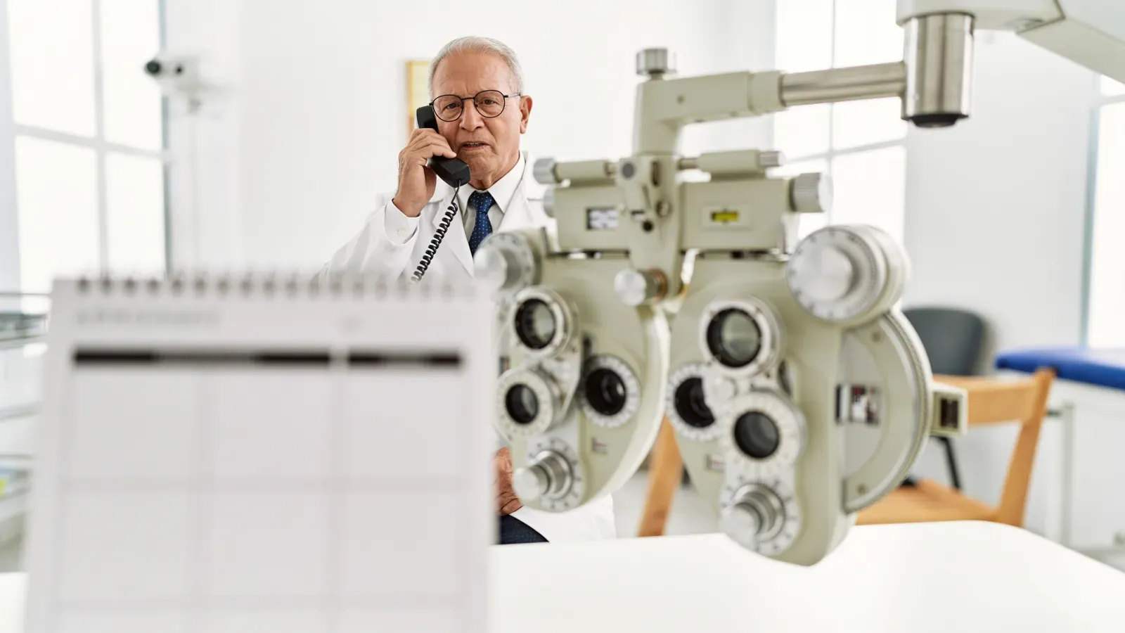 Optometrista marcando por teléfono entre consultas para llenar los huecos de la agenda