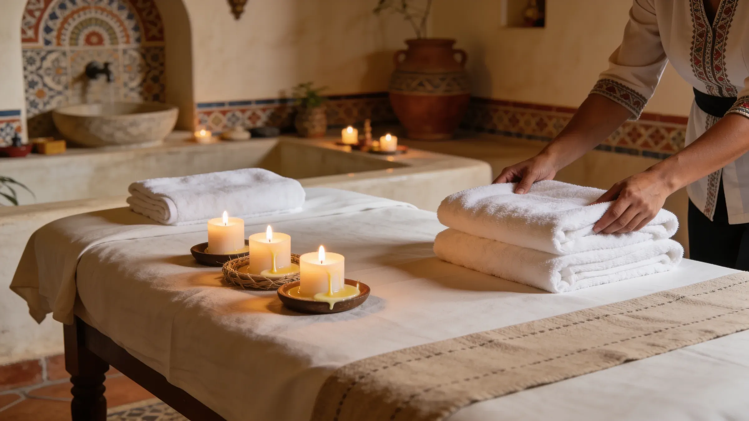 Cabina de spa serena con toallas y velas preparadas para un masaje