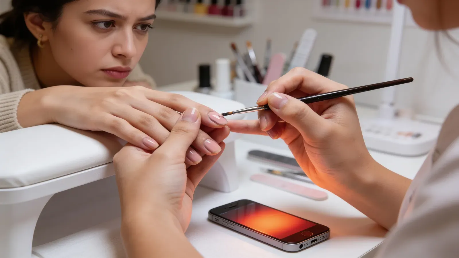 Manicurista con el pincel en la mano y una clienta a medio diseño mientras el teléfono se ilumina